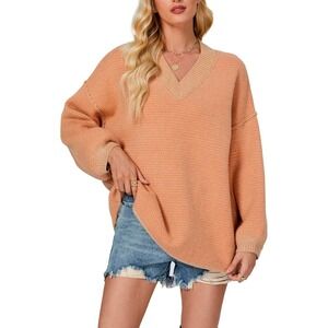 Women Oversized V Neck Textured Knit Sweater Peach Orange Casual Pullover m size